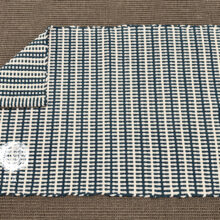 Turkoosi-valkoinen pikkumatto. Vasen yläkulma matosta taitettu maton päälle, jotta maton erilainen alapuoli näkyy.